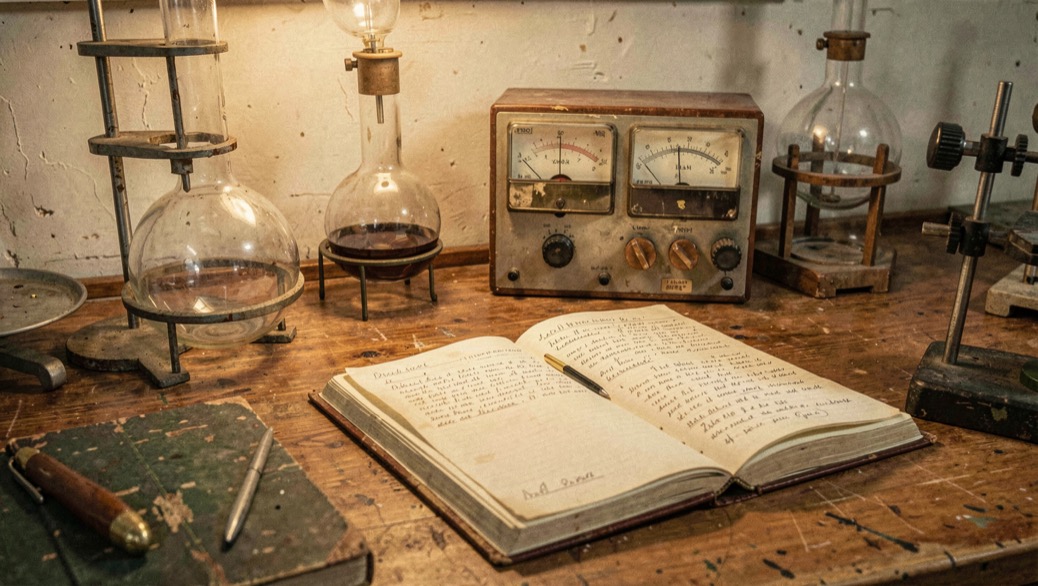 Vintage laboratory bench with glass flasks, a rheostat and a bound notebook