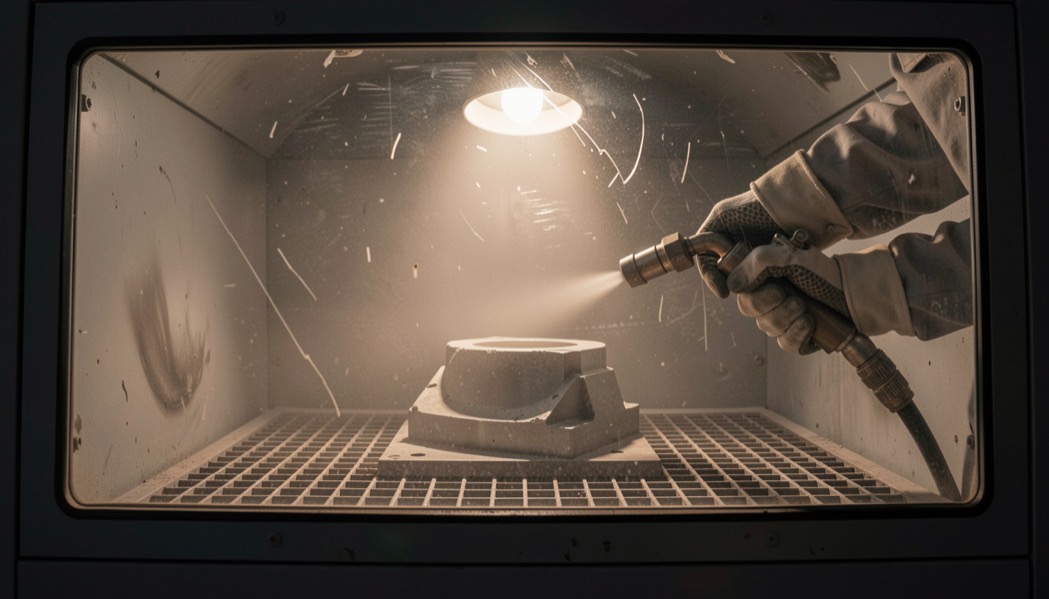 Gloved hands holding a blast nozzle inside a cabinet with a part on the grate