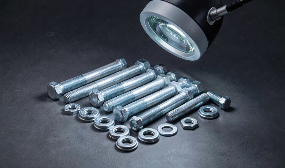 High strength bolts arranged on a dark bench next to a magnifier