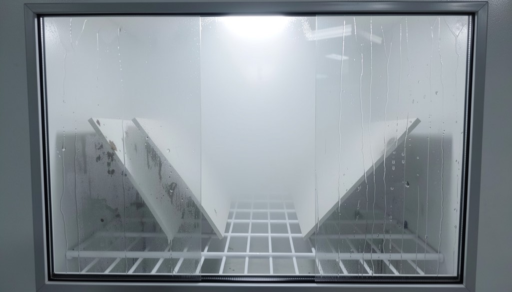 Test panels inside a salt fog cabinet with condensation on the glass door