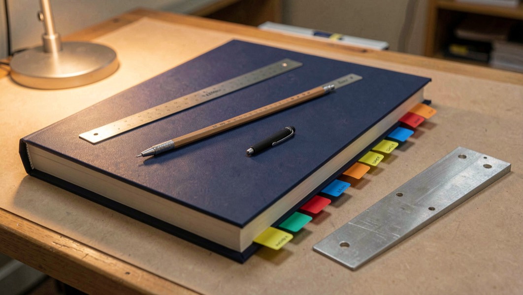 Open technical binder with tabbed dividers and a pencil on a drawing table