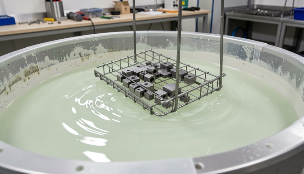 Open plating tank with a wire rack of machined parts lowered into a pale green solution