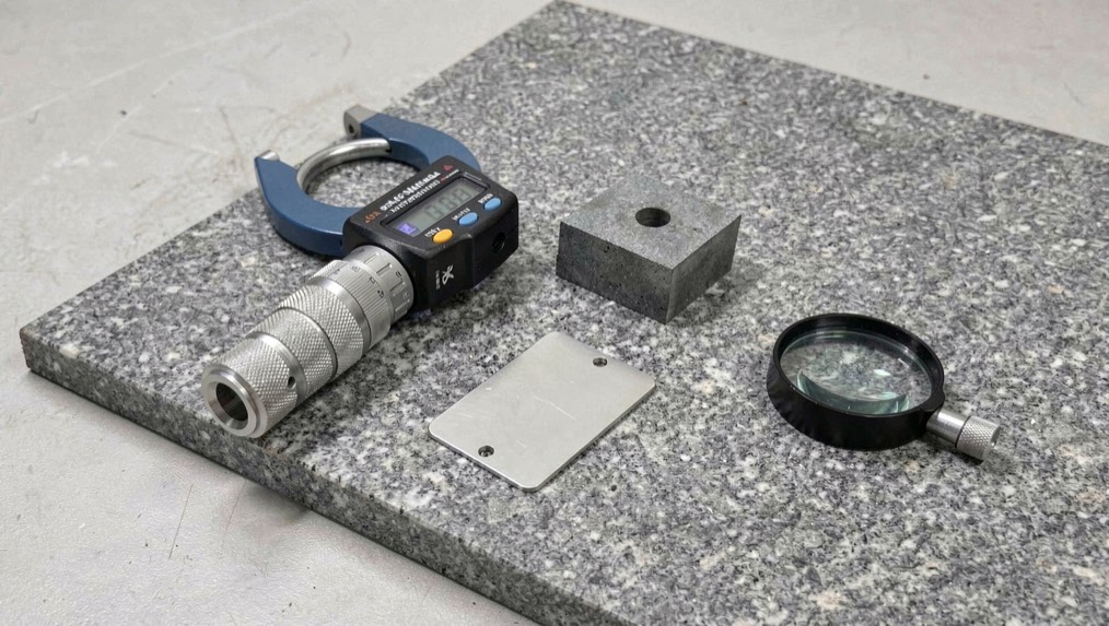 Micrometer, hardness test block and a plated coupon on a metrology bench
